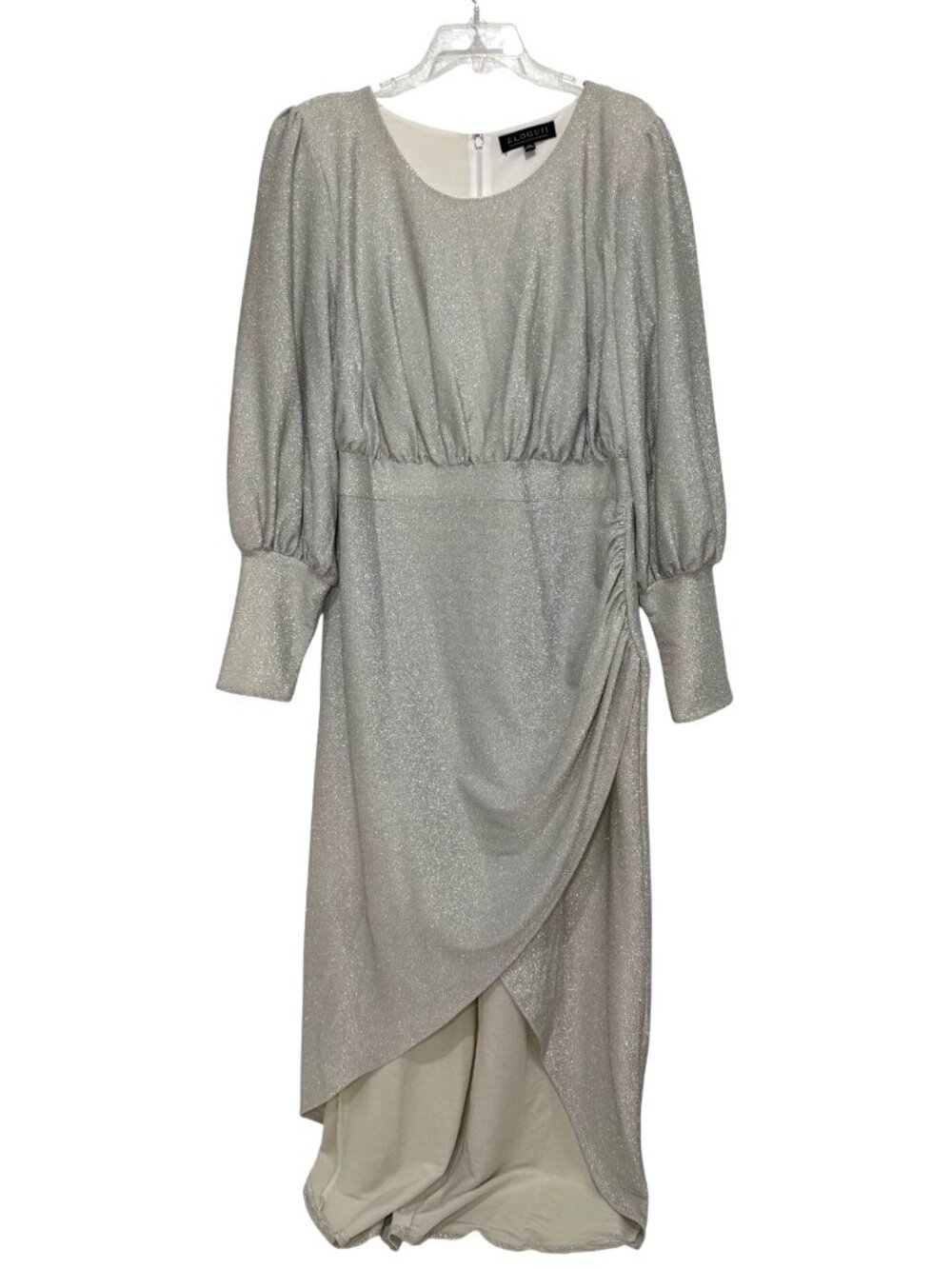 Eloquii Silver Glitter Long Sleeve Draped Midi Party Evening Dress Size 16